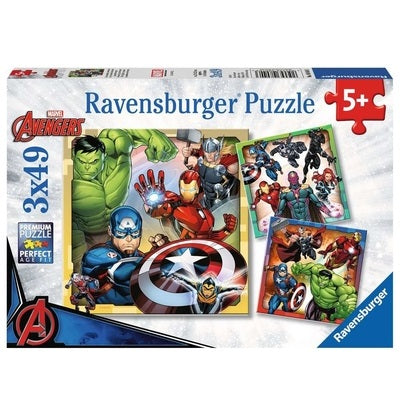 Ravensburger Marvel Avengers 3x49 puzzle box featuring action-packed illustrations of Hulk, Iron Man, and Captain America.