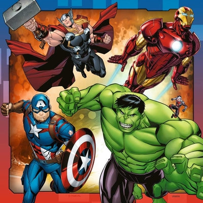 Comic illustration of Thor, Iron Man, Captain America, and Hulk in dynamic action poses against a fiery background.