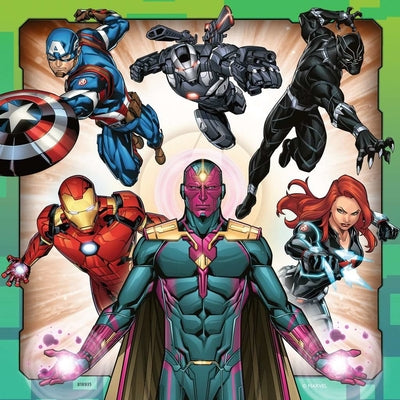Comic illustration of Vision, Captain America, Iron Man, Black Panther, Black Widow, and War Machine in a green frame.