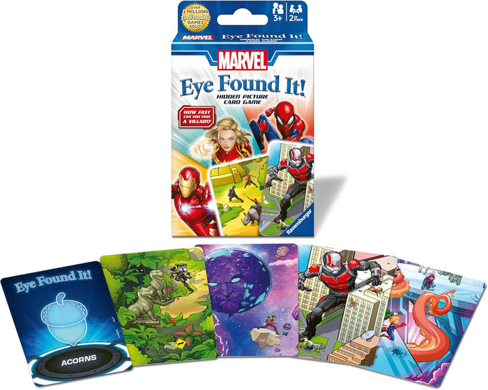 Blue box and five cards featuring Marvel heroes like Spider-Man and Ant-Man in detailed, colorful action scenes.