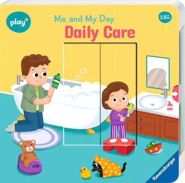 Children's board book titled Daily Care, with illustrations of a boy and girl in a bathroom with toys and bubbles.