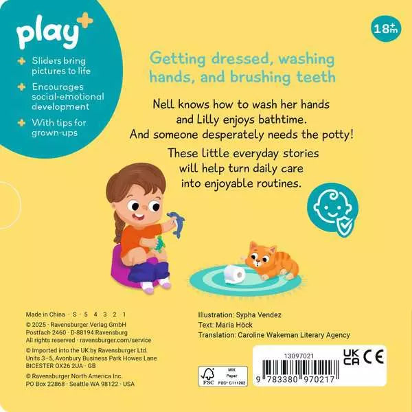 Yellow back cover of a children's book featuring a girl on a potty, an orange cat, and text about daily care routines.