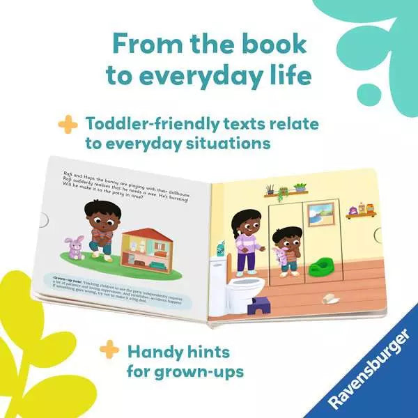 Open board book with colorful cartoon illustrations of children potty training, with teal text and bright yellow accents.