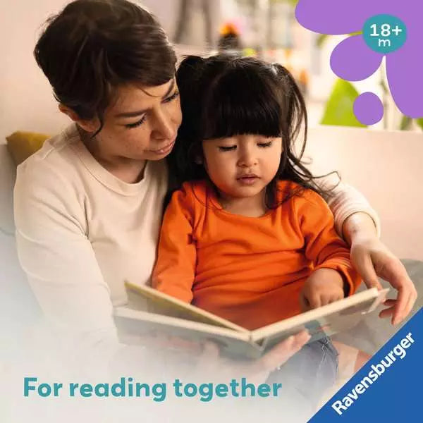 A woman and toddler read a book together. Includes an 18+m age badge, brand logo, and For reading together text.