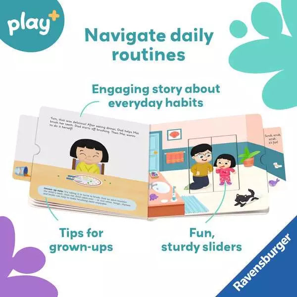 Open board book with sliders showing a child eating and brushing teeth on a white and teal graphic background.