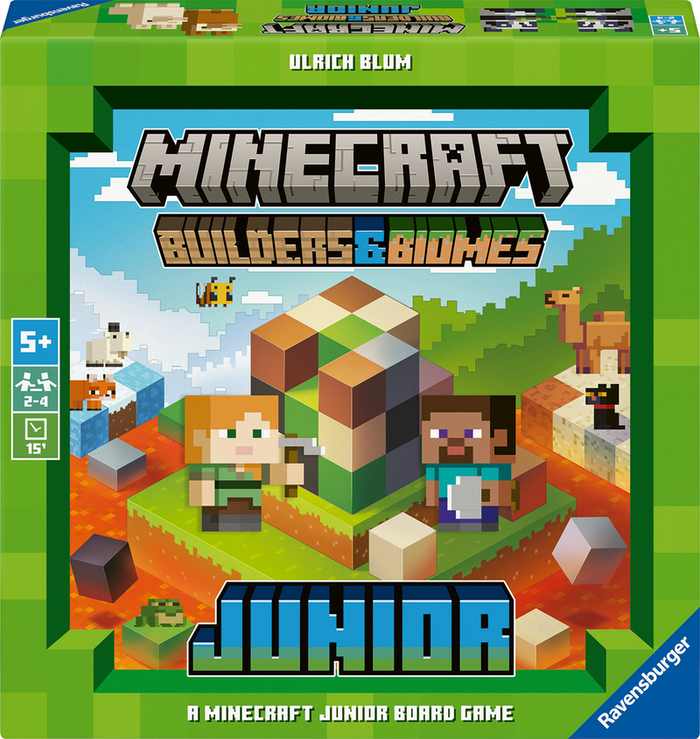 Green Minecraft Junior board game box featuring Steve, Alex, and pixelated animals building with colorful blocks.