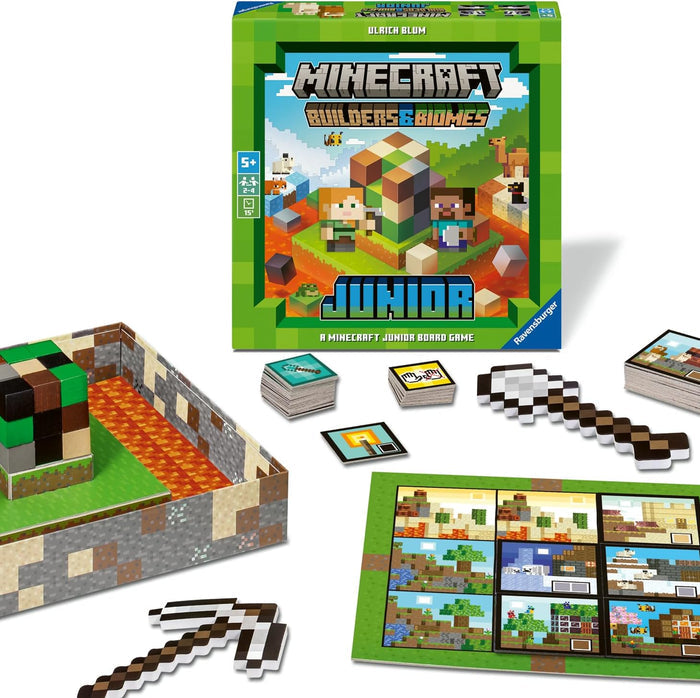 Green Minecraft board game box with characters, cardboard tools, resource block cube, and illustrated biome tiles.