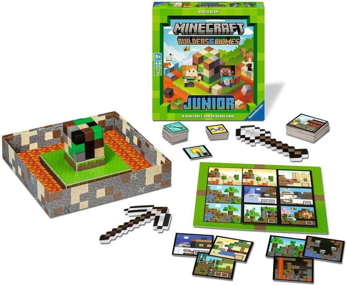 Green Minecraft Junior game box with 3D resource cube, pixelated tools, and colorful square terrain tiles.