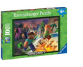 Green Ravensburger Minecraft puzzle box with Steve and Alex fighting mobs. 100 XXL pieces for ages 6+.