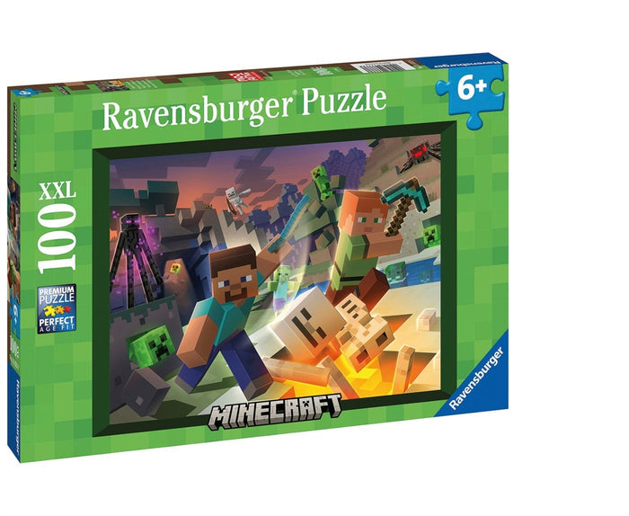Green Ravensburger Minecraft puzzle box with Steve and Alex fighting mobs. 100 XXL pieces for ages 6+.