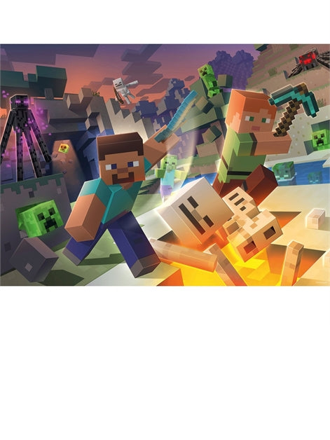 Vibrant Minecraft artwork showing Steve and Alex fighting Creepers, Skeletons, and an Enderman in a blocky world.