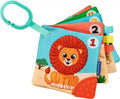 Soft cloth baby book with a cartoon lion, colorful numbered pages, a textured teether corner, and a hanging clip.