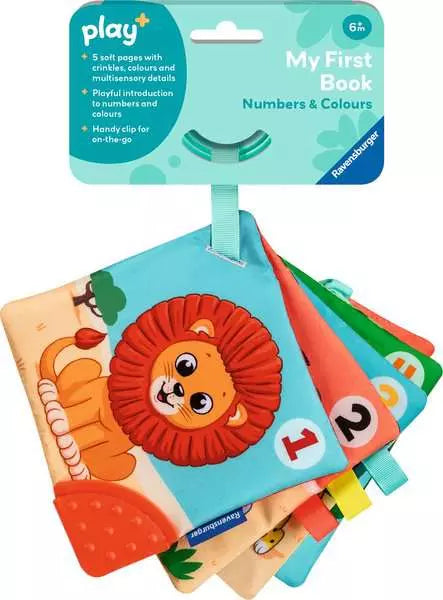 Baby toy book with 5 fabric pages featuring animals and numbers, with a green clip and orange teether.