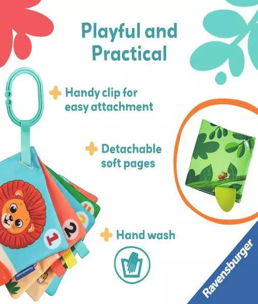 Ravensburger soft baby book with colorful numbered fabric pages, a lion illustration, and a turquoise hanging clip.