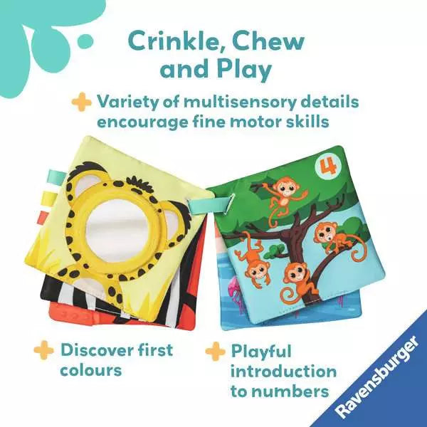 Fabric baby book with a yellow leopard mirror page and a green page showing four orange monkeys in a tree.