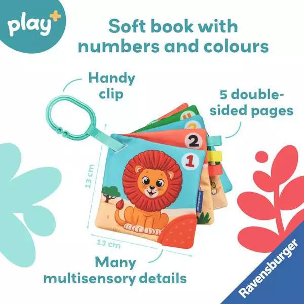 Soft blue baby book with a lion illustration, a teal plastic clip, and colorful pages showing numbers.
