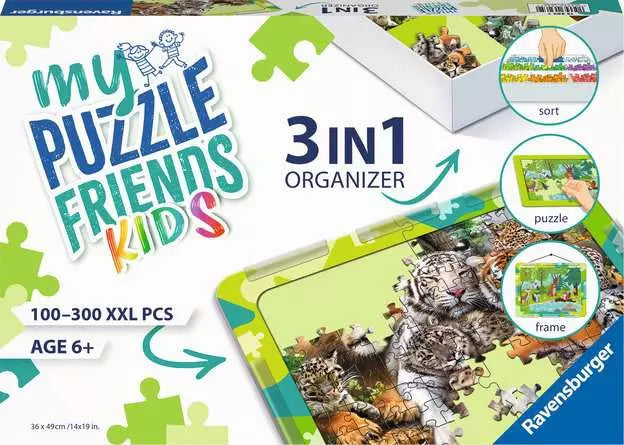Colorful box for My Puzzle Friends Kids 3-in-1 organizer featuring a tiger family puzzle and sorting/framing icons.