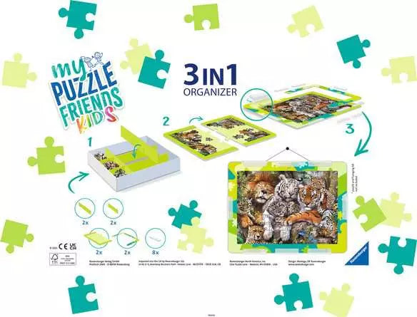 Graphic shows how to sort and frame a lion and tiger puzzle using a green and white 3-in-1 organizer kit.