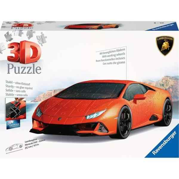 Packaging for a Ravensburger 3D puzzle of an orange Lamborghini Huracán sports car with black wheels and puzzle seams.