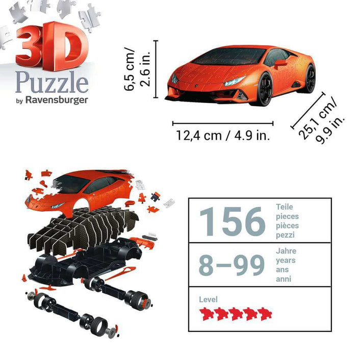 Orange Lamborghini 3D puzzle showing the sleek car, its dimensions, an exploded assembly view, and 156-piece count.