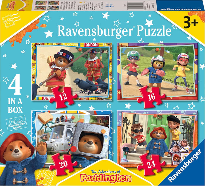 Blue Ravensburger puzzle box showing four Paddington Bear character scenes with 12, 16, 20, and 24 pieces.