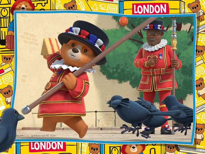Paddington Bear dressed as a Beefeater running with a sandwich, with black ravens and a guard in the background.