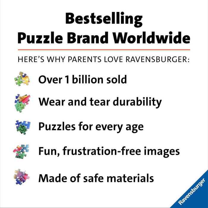 Bestselling Puzzle Brand Worldwide infographic listing Ravensburger benefits with colorful jigsaw piece icons.