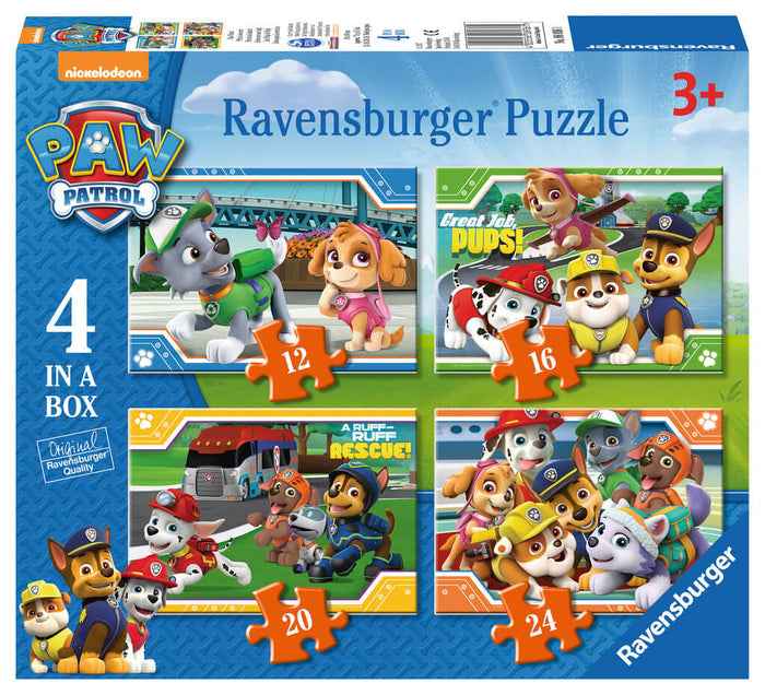 Blue box featuring PAW Patrol characters and previews for four puzzles with 12, 16, 20, and 24 pieces.