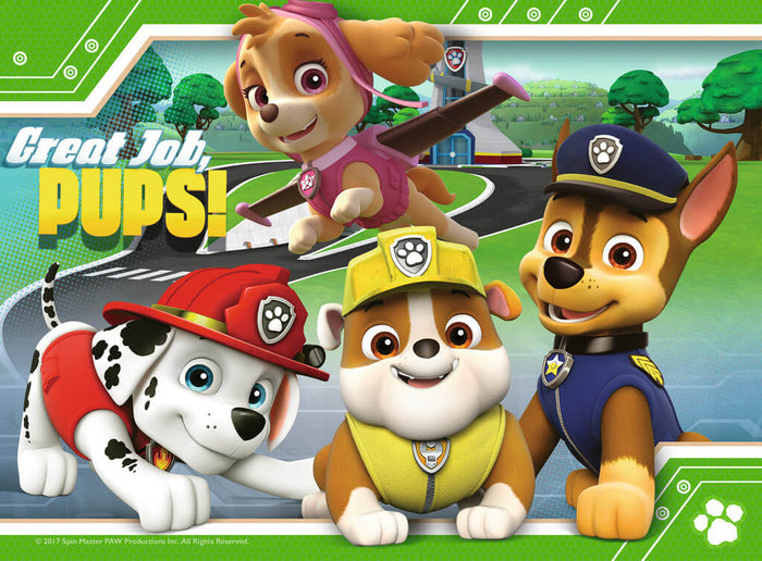 Illustration of Paw Patrol pups Skye flying, Marshall crawling, Rubble, and Chase with the text Great Job, Pups!