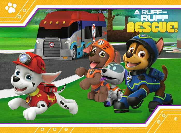 Marshall, Zuma, Robo-Dog, and Chase running on green grass in front of a red truck. Text: A RUFF-RUFF RESCUE!