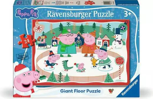 Blue box for a giant 24-piece puzzle showing Peppa Pig characters skating on an outdoor ice rink in the snow.