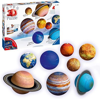 Box and eight 3D spherical planet puzzles with realistic surface textures, including Earth and Saturn with rings.