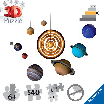 3D puzzle featuring a sun and eight hanging planets. Includes 540 pieces and 6+ age rating icon.