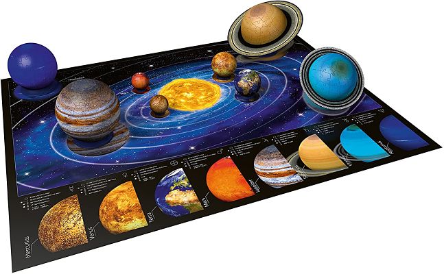 3D spherical planet puzzles on a dark blue space-themed poster showing orbits, a bright sun, and fact panels.