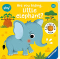 Bright yellow children's book cover featuring a cute blue elephant, savanna trees, and lift-the-flap badge.