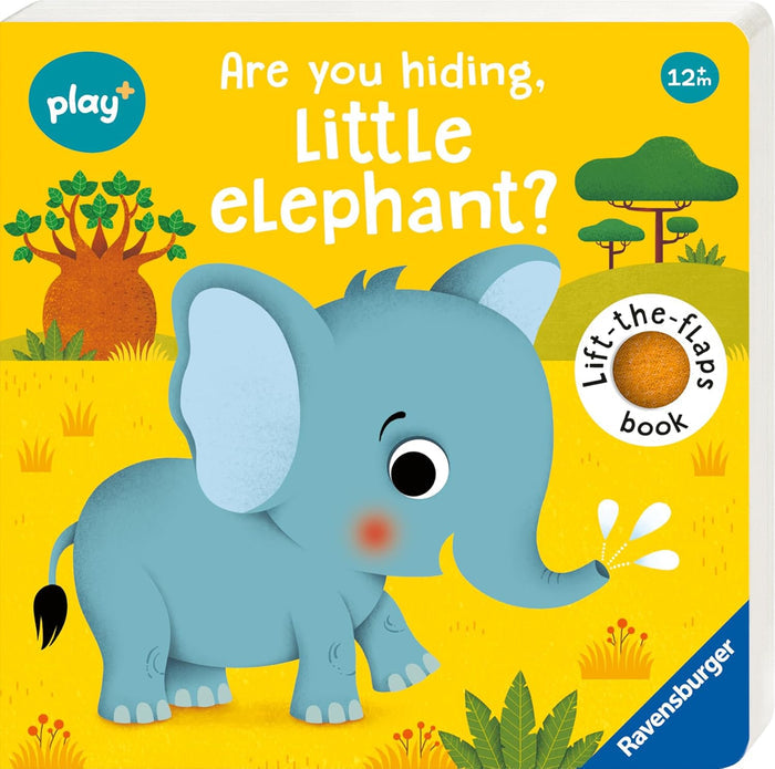 Bright yellow children's book cover featuring a cute blue elephant, savanna trees, and lift-the-flap badge.