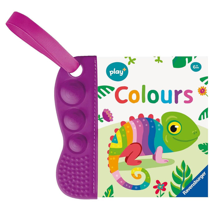 Purple pop-button teething handle with a loop and a board book featuring a rainbow chameleon on the cover.