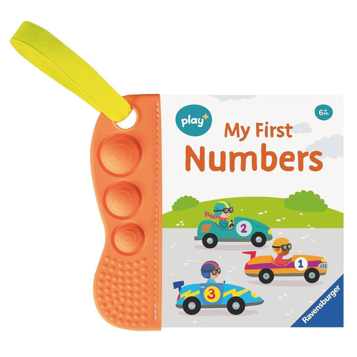 Teething book with orange textured pop-it spine, yellow loop, and three numbered race cars on the colorful cover.