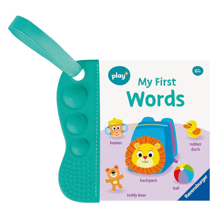 Teal teething book with a textured handle, strap, and pop-its. Cover features a lion backpack, duck, and teddy bear.