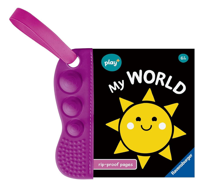 Purple pop-it teething book spine attached to a black cover with a smiling yellow sun and "My WORLD" title.