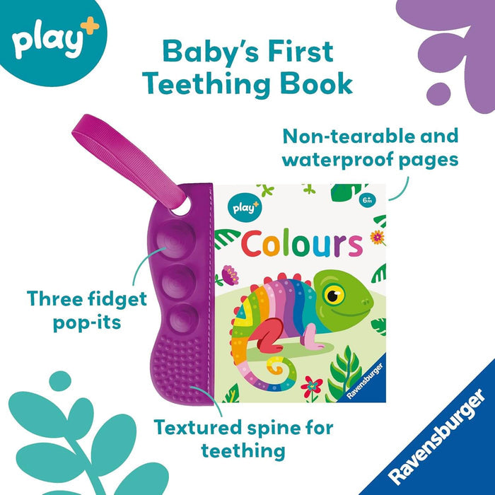 Purple baby book with three fidget pop-its on a textured spine, a pink strap, and a colorful chameleon illustration.