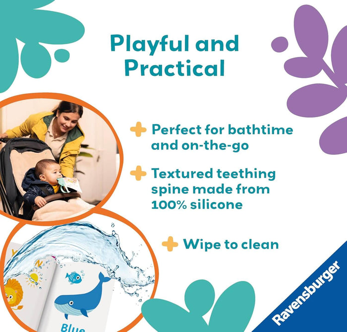 Infographic showing a baby with a teething book and a whale illustration, highlighting features like a silicone spine.