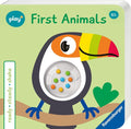 Green board book cover featuring a toucan with a rainbow beak and a clear rattle belly filled with multi-colored beads.