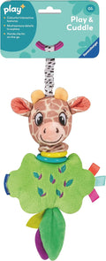 Plush giraffe toy with a spotted strap, green cloud body, and colorful tags on teal packaging.