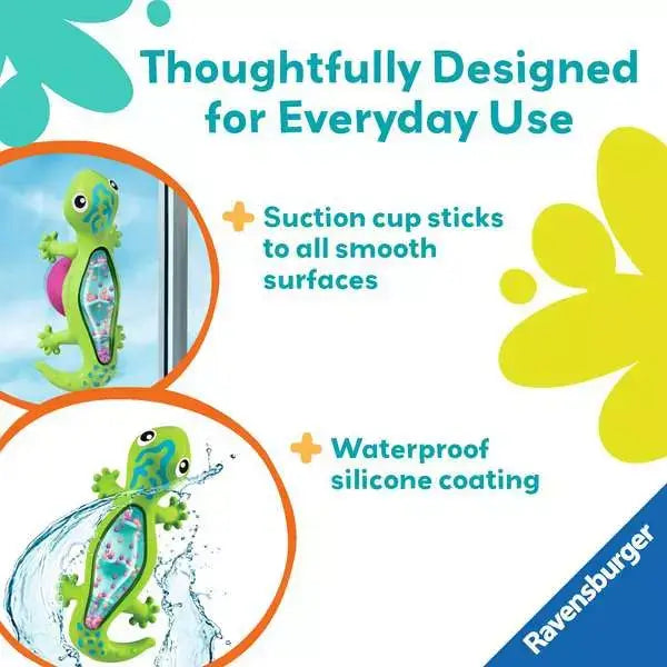 Green silicone gecko toy with a bead-filled belly, suctioned to a window and splashed with water.
