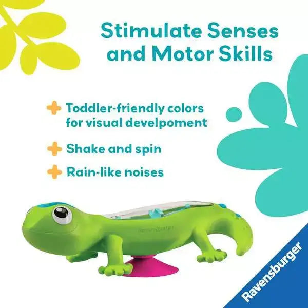 Green gecko toy with big eyes, clear rainmaker tube, and pink suction cup on a product graphic with descriptive text.