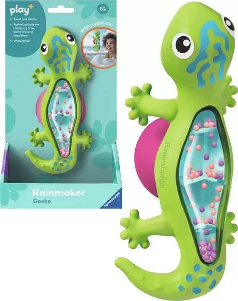 Lime green gecko toy with blue spots and bead-filled clear belly, shown beside its light blue retail box.