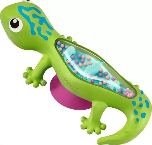 Green toy gecko with blue markings, a clear bead-filled rattle chamber, and a purple suction cup base.