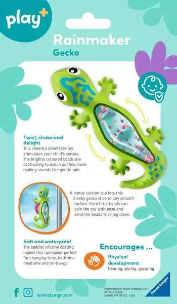 Lime green gecko toy with a clear, bead-filled belly on teal packaging. Small inset shows suction cup feature.