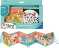 Boxed and unfolded teal accordion soft book featuring colorful cartoon wild animals like a giraffe, lion, and rhino.